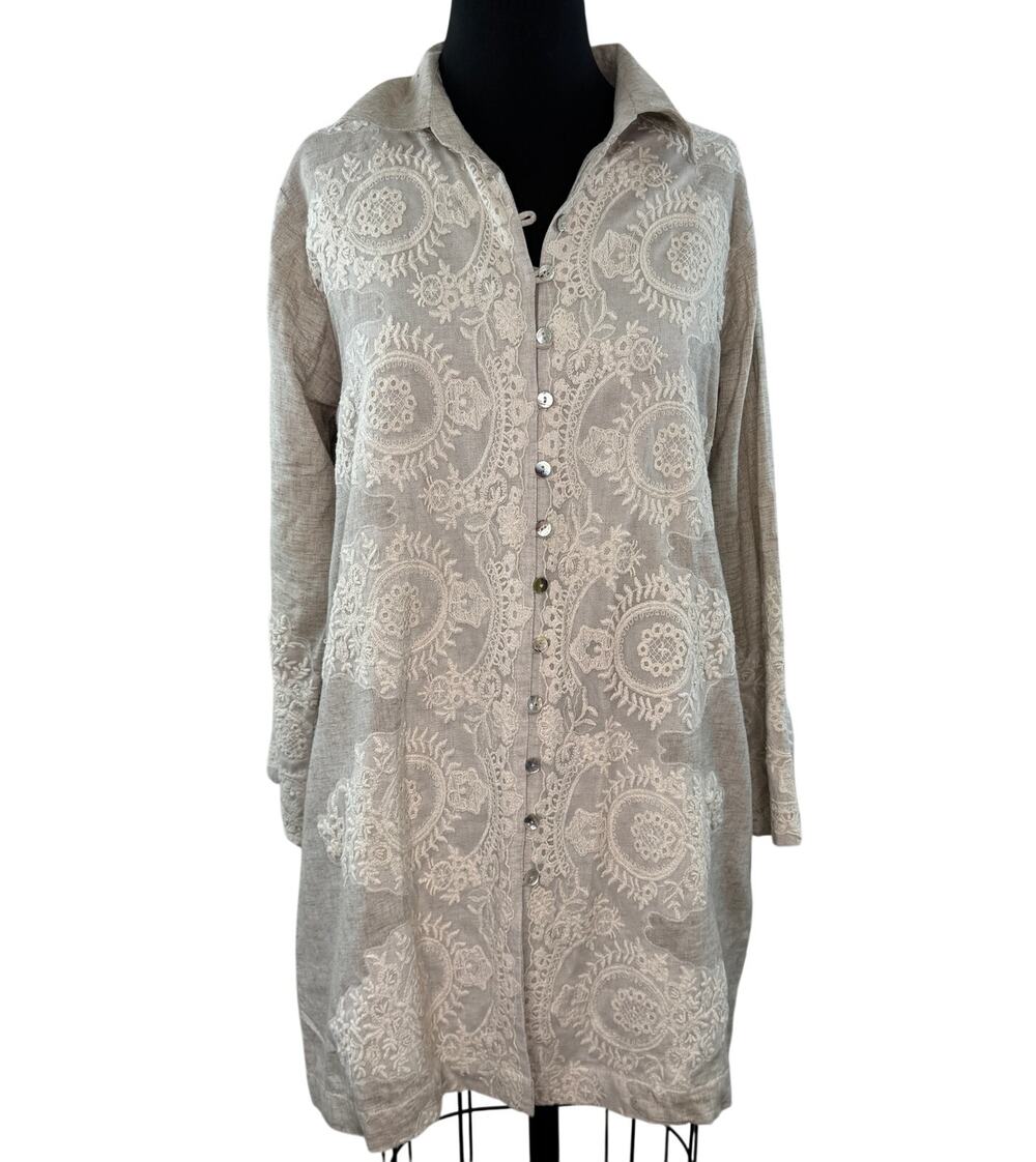 Soft Surroundings Beige Shirt Linen Lace Embroidered Collared Button-Up L Large